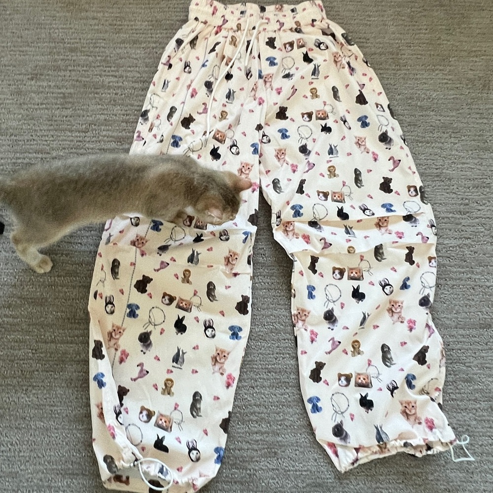 NEW Cute kitties cartoon kitten cats animal print wide legs stripe cargo pants